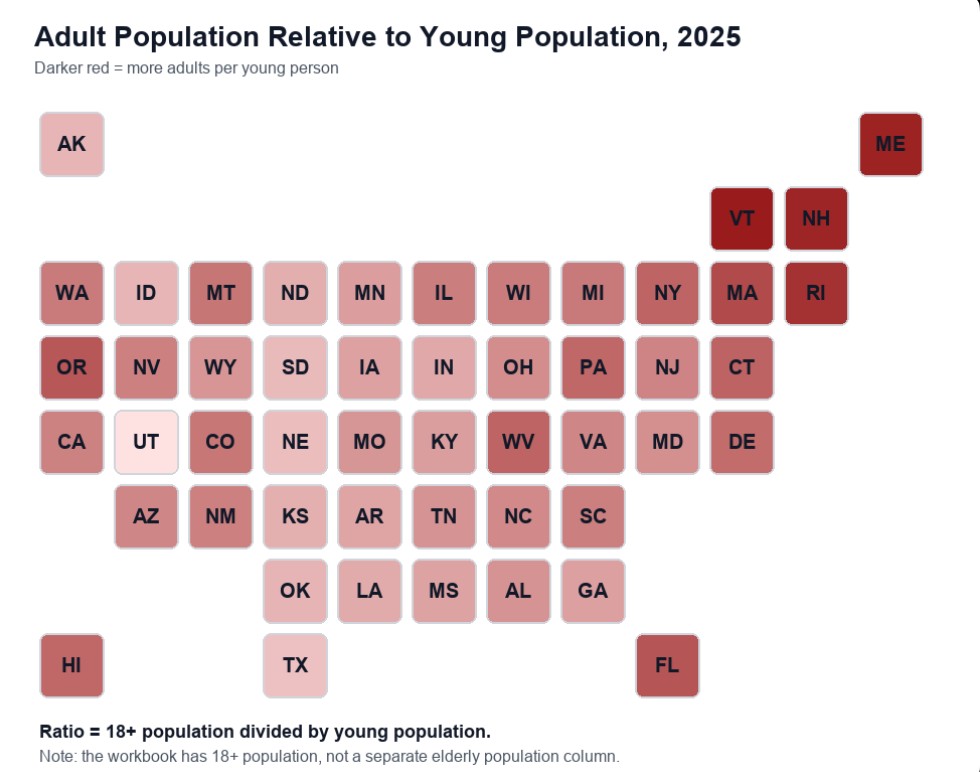 Map showing states with higher older population values in red